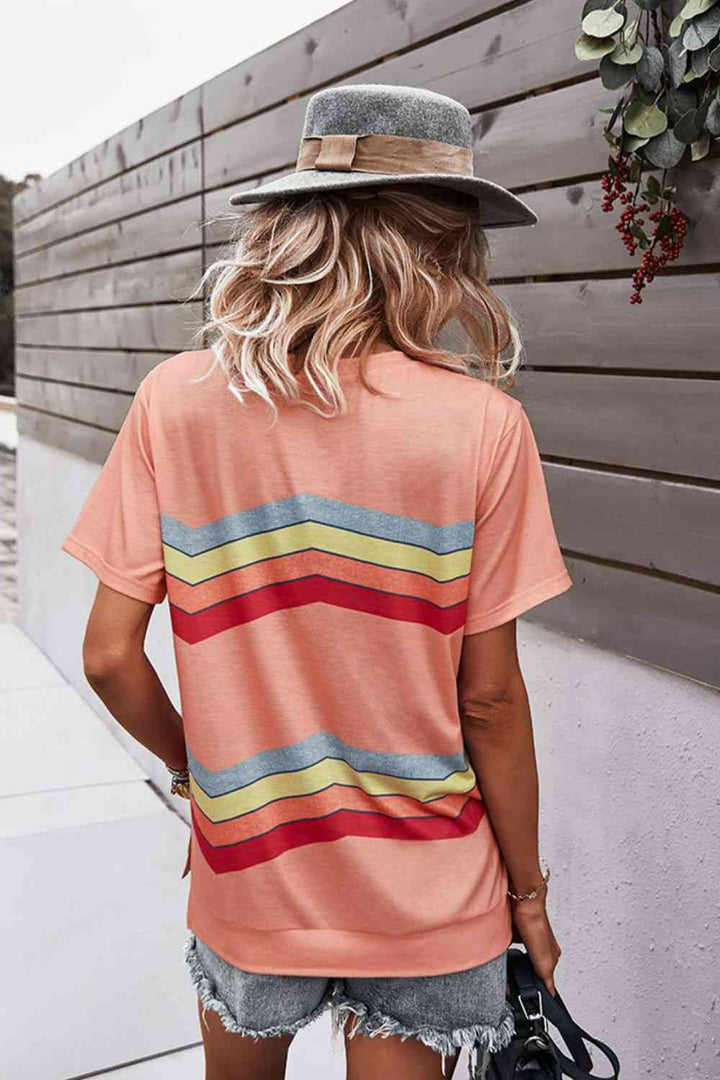 Multicolored Chevron Stripe Round Neck Side Slit T-Shirt | 1mrk.com