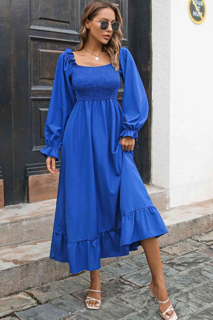 Smocked Ruffle Hem Flounce Sleeve Dress |1mrk.com