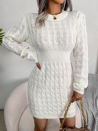 Cable-Knit Round Neck Mini Wrap Sweater Dress |1mrk.com