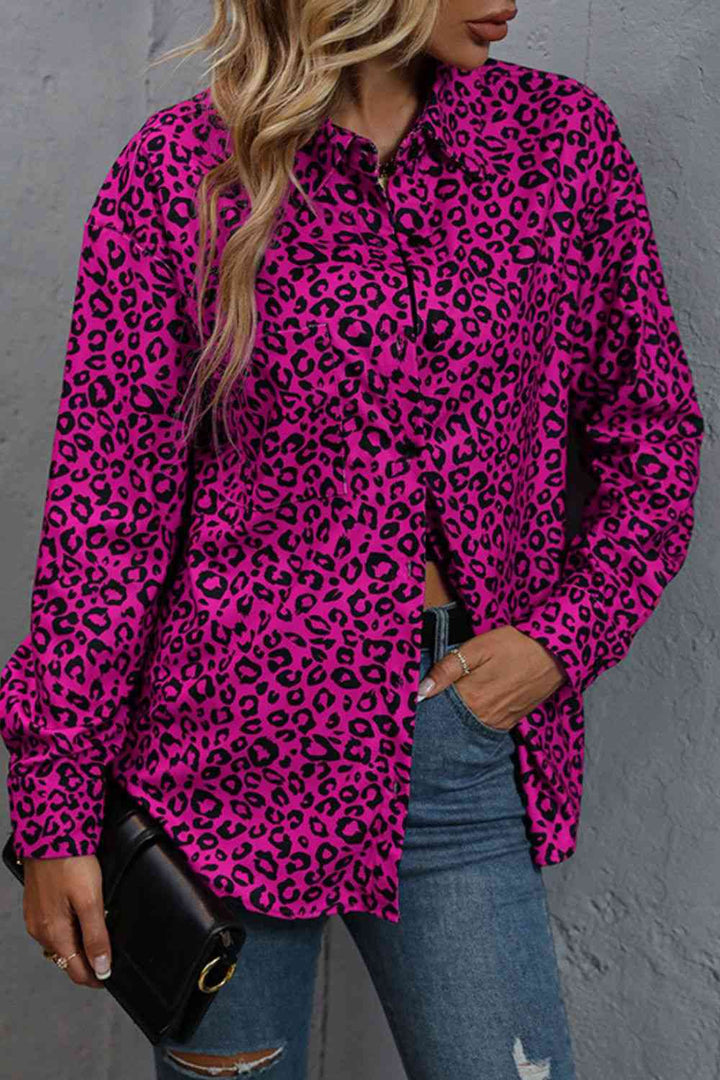Leopard Print Long Sleeve Dropped Shoulder Shirt |1mrk.com