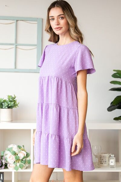 Heimish Full Size Swiss Dot Short Sleeve Tiered Dress |1mrk.com