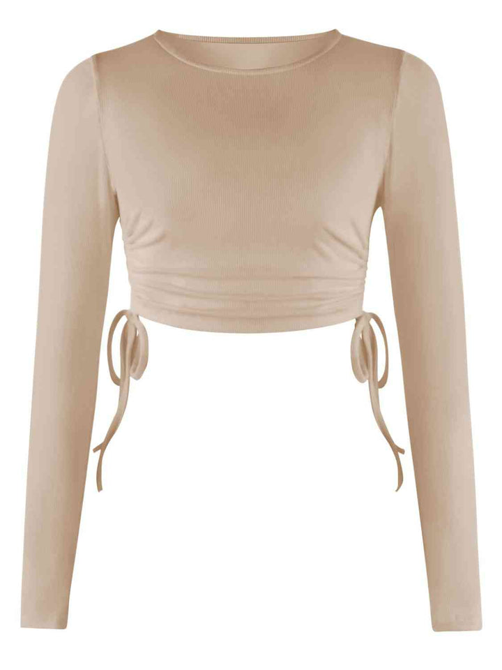 Drawstring Round Neck Long Sleeve Top | 1mrk.com