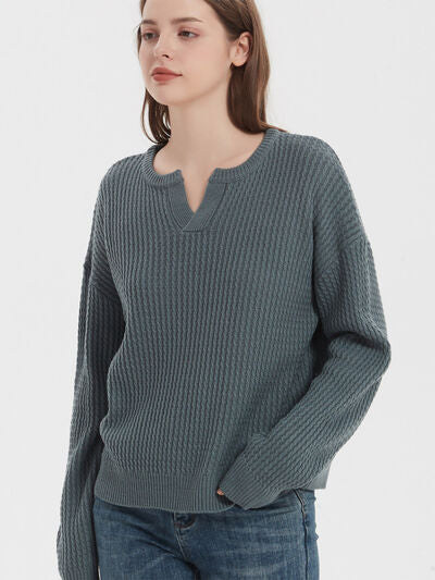 Notched Dropped Shoulder Sweater | Trendsi