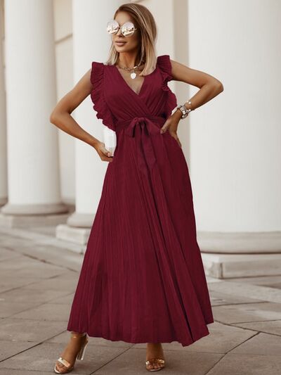 Tied Surplice Cap Sleeve Pleated Dress |1mrk.com