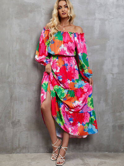 Printed Off-Shoulder Balloon Sleeve Tiered Dress |1mrk.com