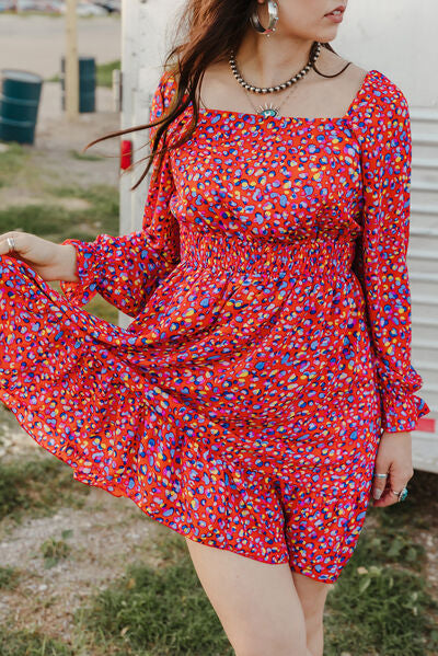 Printed Smocked Flounce Sleeve Dress |1mrk.com