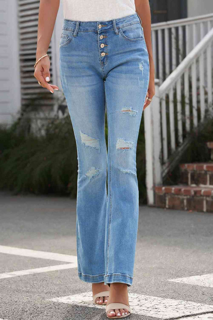 Distressed Button-Fly Flare Jeans | 1mrk.com