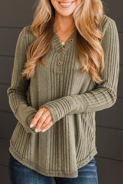 Ribbed Buttoned Long Sleeve Blouse | 1mrk.com