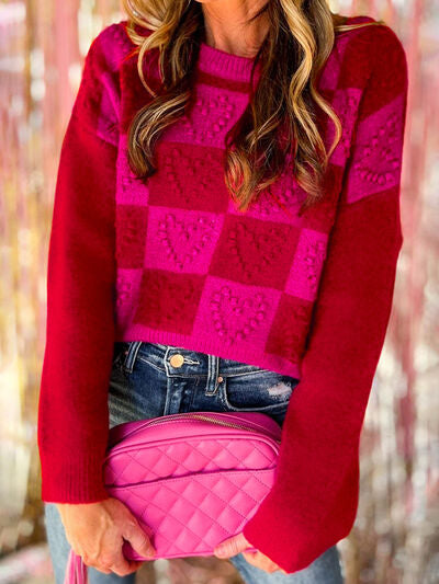 Plaid Heart Round Neck Sweater |1mrk.com