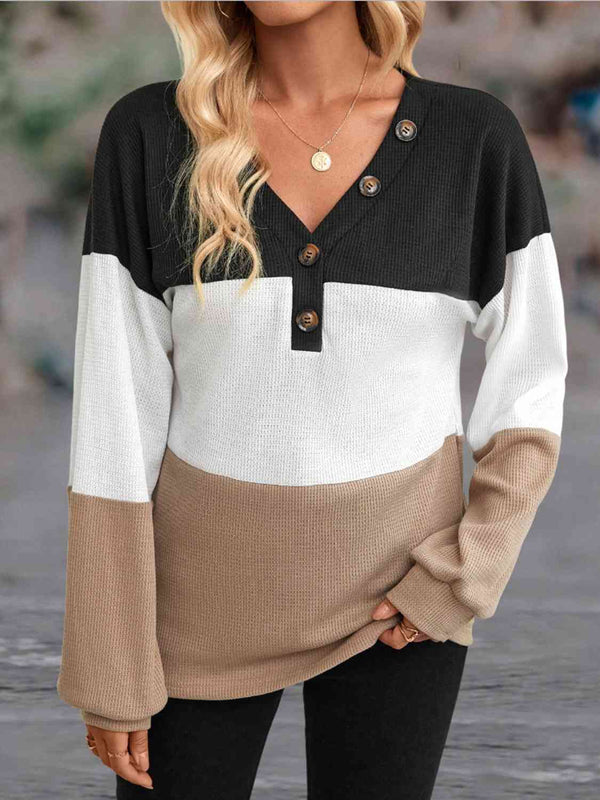 Color Block V-Neck Decorative Button Blouse | 1mrk.com