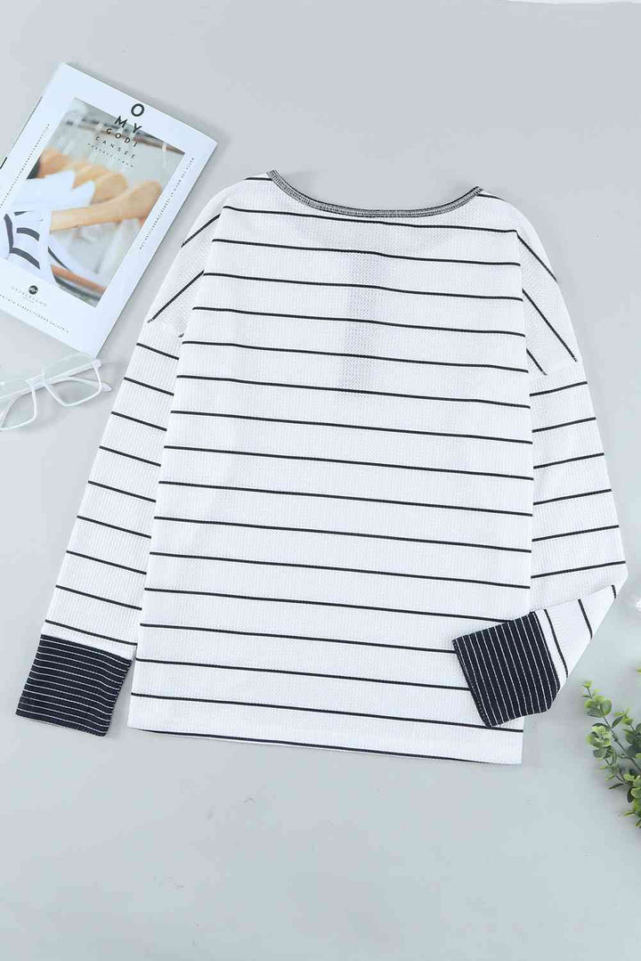 Striped Waffle Knit Henley Long Sleeve Top | 1mrk.com