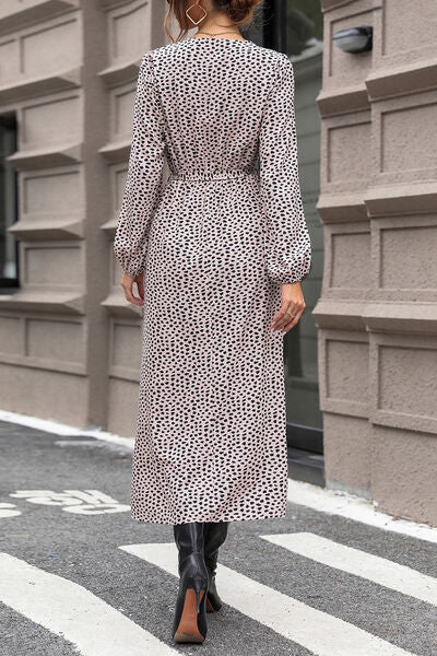 Slit Printed Surplice Balloon Sleeve Dress |1mrk.com