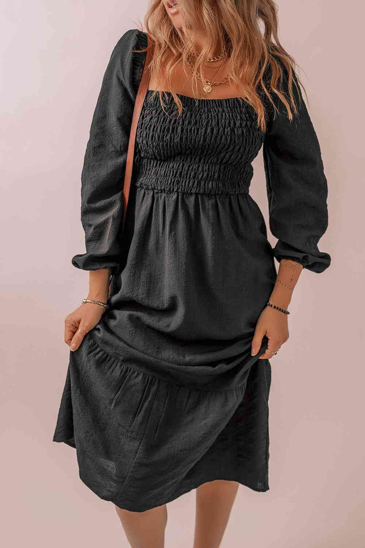 Square Neck Smocked Long Sleeve Dress |1mrk.com