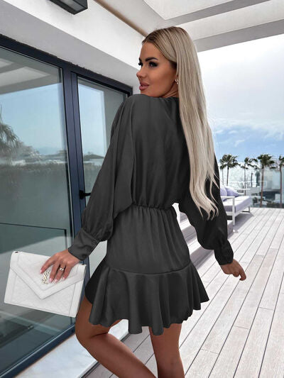 Surplice Ruffle Hem Lantern Sleeve Mini Dress |1mrk.com