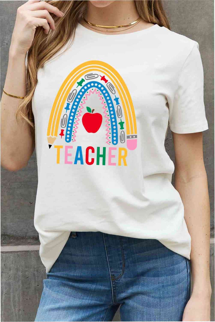 Simply Love Full Size TEACHER Rainbow Graphic Cotton Tee | 1mrk.com