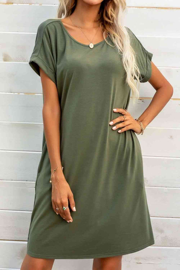 Scoop Neck Short Sleeve Pocket Dress |1mrk.com