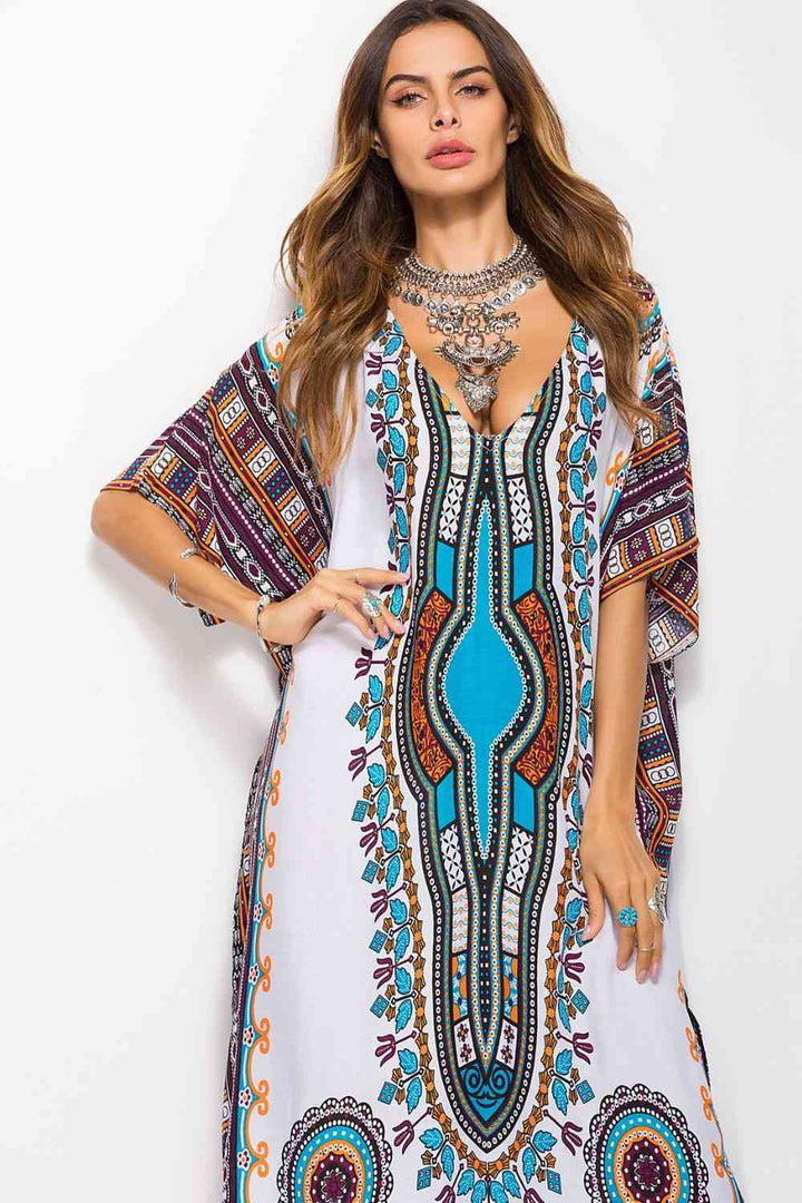 Printed V-Neck Side Slit Maxi Dress |1mrk.com