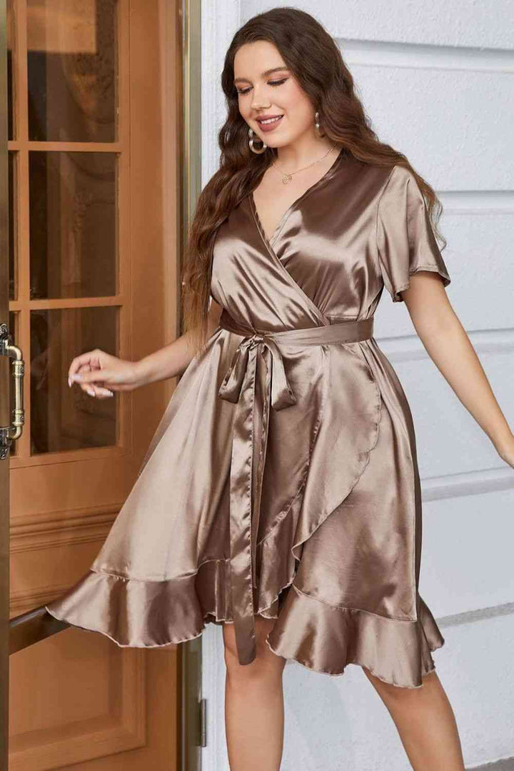 Plus Size Belted Ruffled Surplice Dress | 1mrk.com