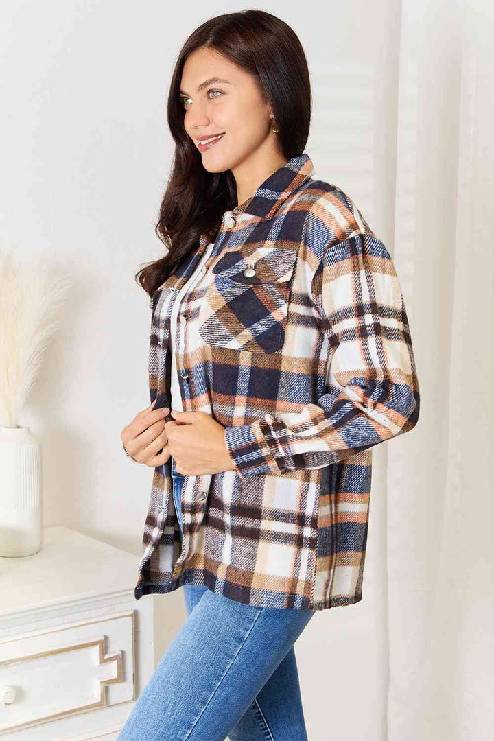 Double Take Plaid Button Front Shirt Jacket with Breast Pockets |1mrk.com