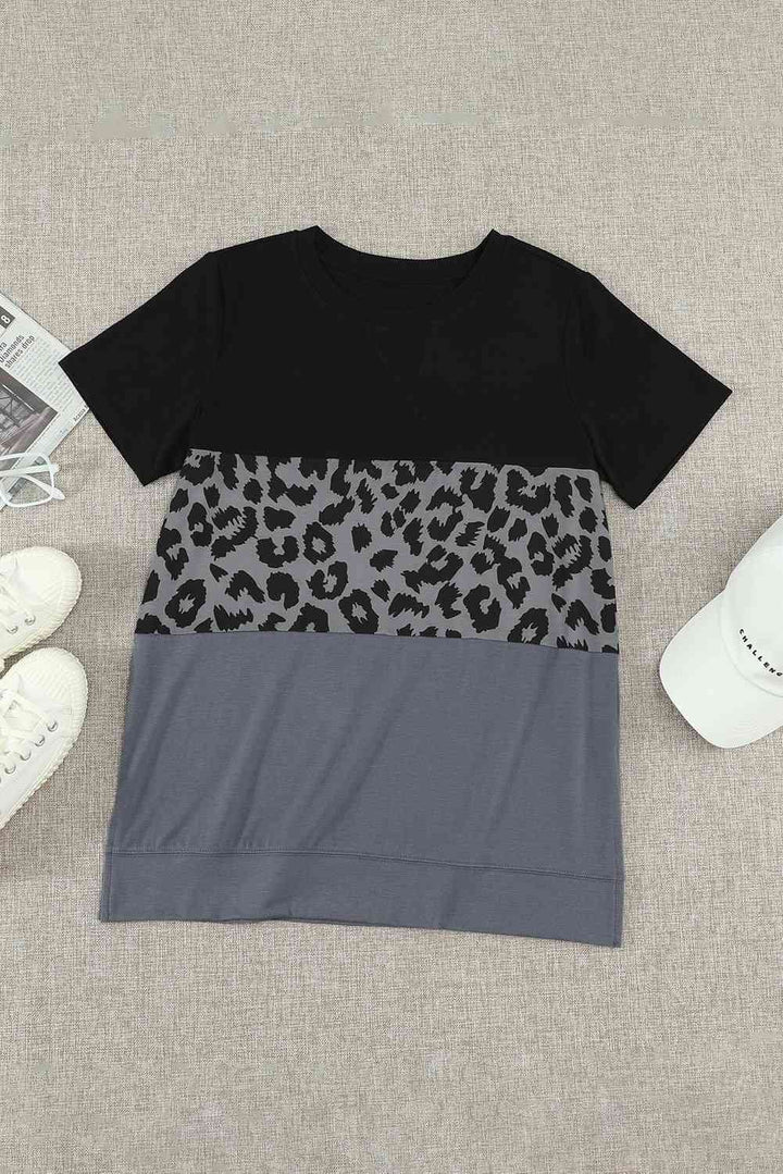 Leopard Print Color Block Short Sleeve T-Shirt | 1mrk.com