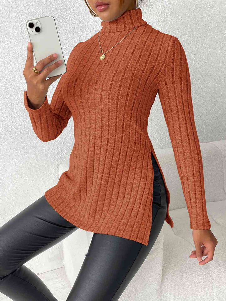 Ribbed Turtleneck Long Sleeve Slit T-Shirt | 1mrk.com