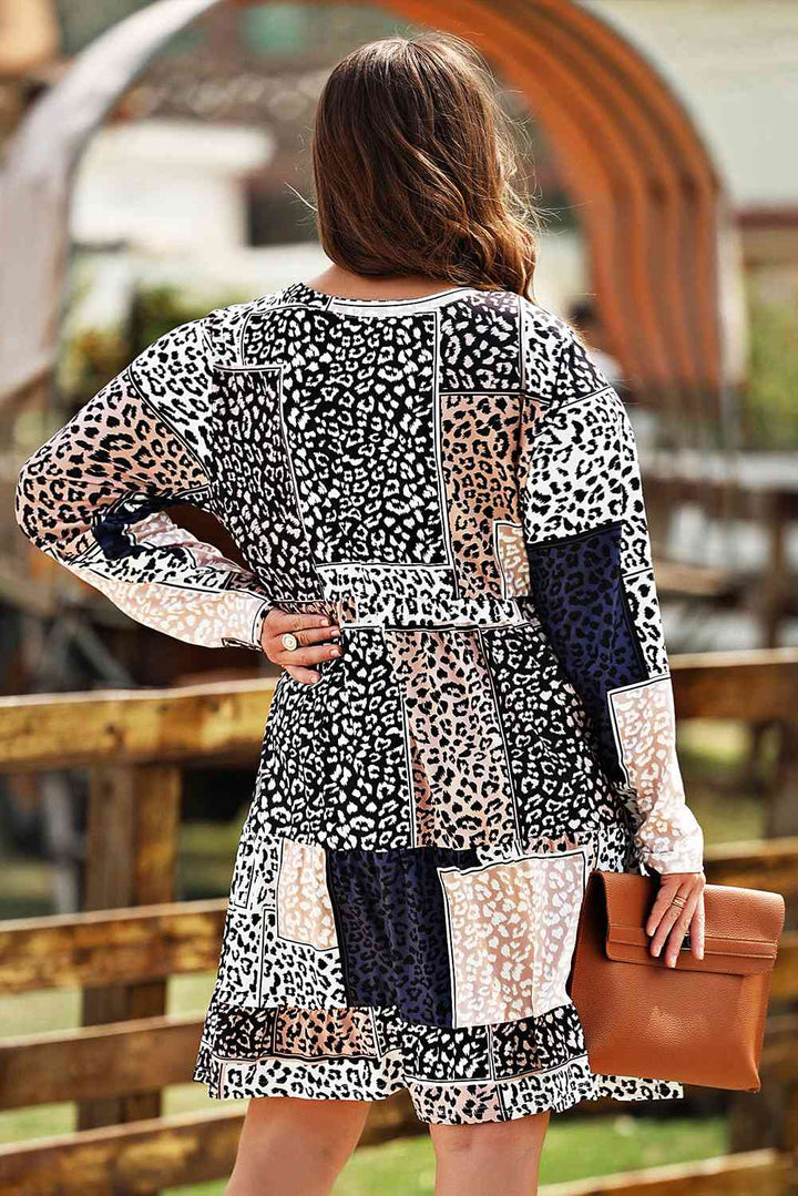 Plus Size Round Neck Leopard Print Long Sleeve Mini Dress |1mrk.com