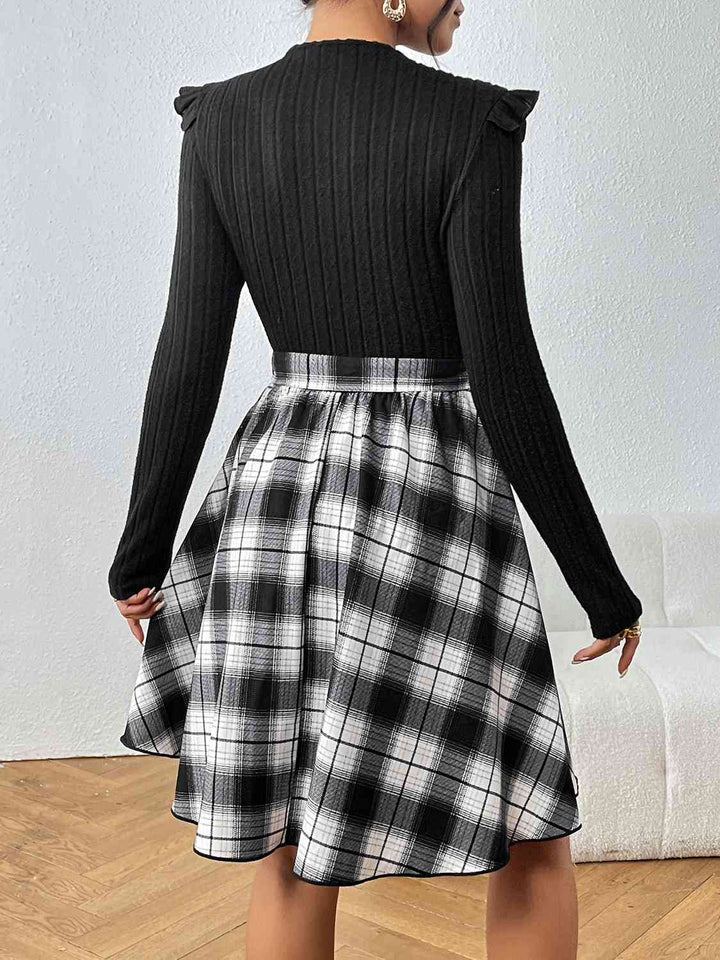 Plaid Ruffle Shoulder Round Neck Dress | 1mrk.com