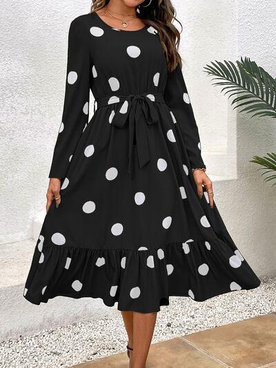 Tied Polka Dot Round Neck Ruffle Hem Dress |1mrk.com