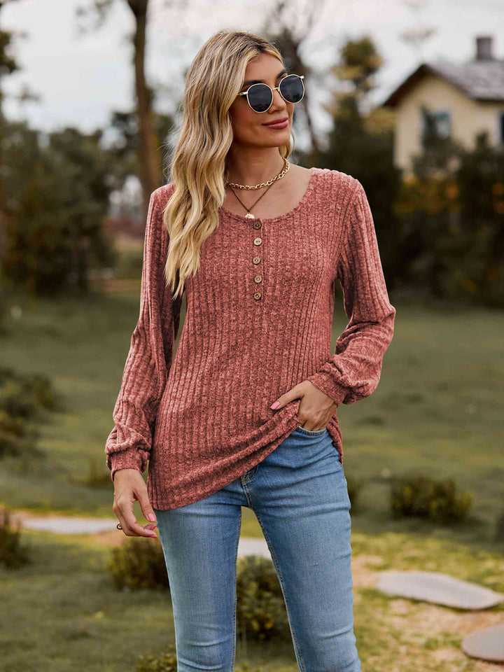 Round Neck Button-Down Long Sleeve Tee | 1mrk.com