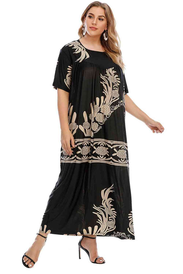 Plus Size Floral Round Neck Half Sleeve Maxi Dress |1mrk.com