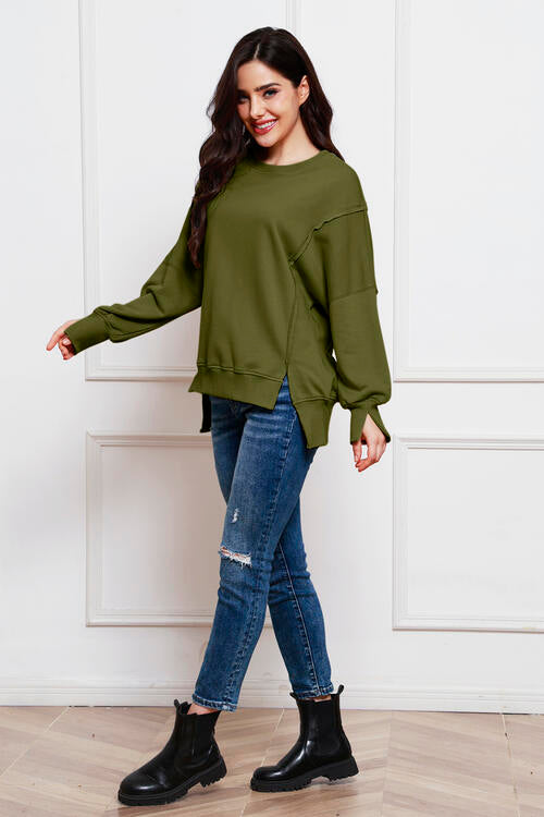 Exposed Seam Long Sleeve Slit Sweatshirt |1mrk.com