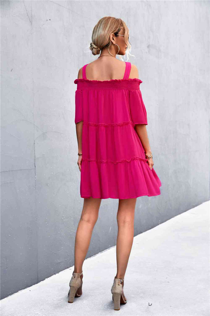 Cold-Shoulder Frill Trim Tiered Dress |1mrk.com