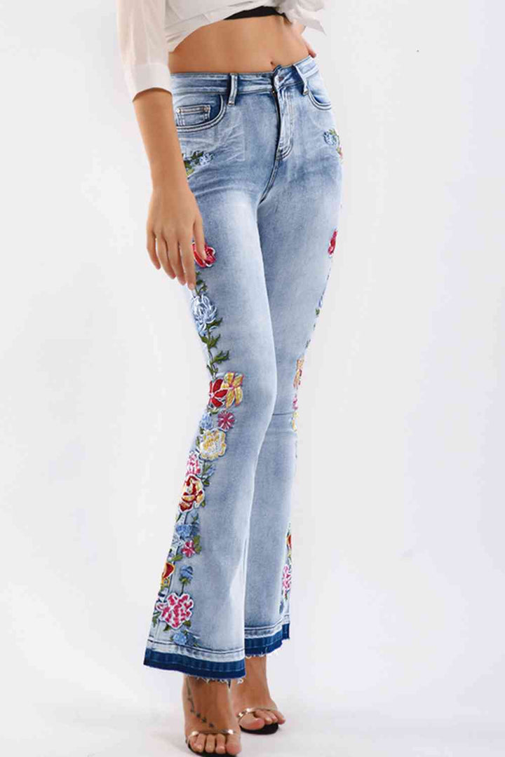 Full Size Flower Embroidery Wide Leg Jeans | 1mrk.com