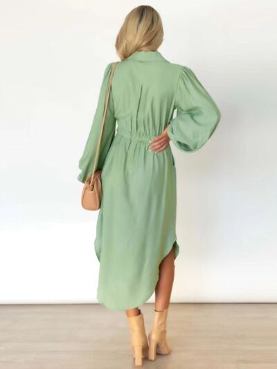 Drawstring Button Up Balloon Sleeve Dress |1mrk.com