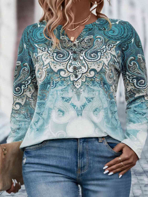 Plus Size Printed Button-Up Long Sleeve T-Shirt | 1mrk.com