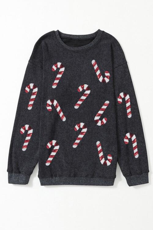 Sequin Candy Cane Round Neck Sweatshirt |1mrk.com