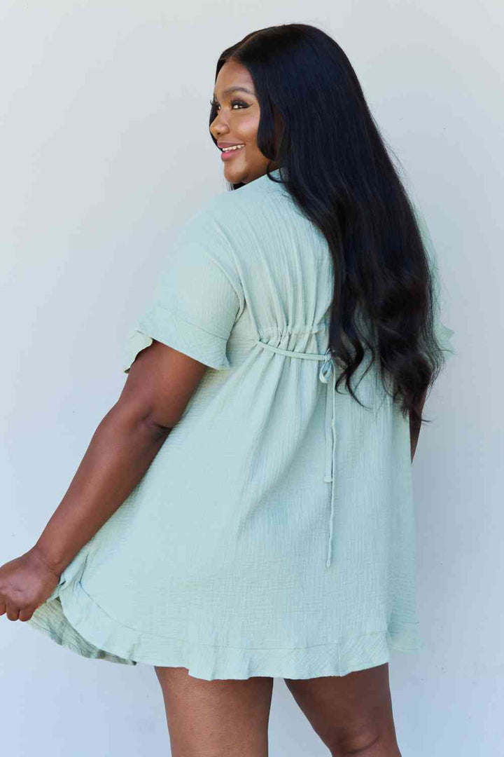 Ninexis Out Of Time Full Size Ruffle Hem Dress with Drawstring Waistband in Light Sage | 1mrk.com