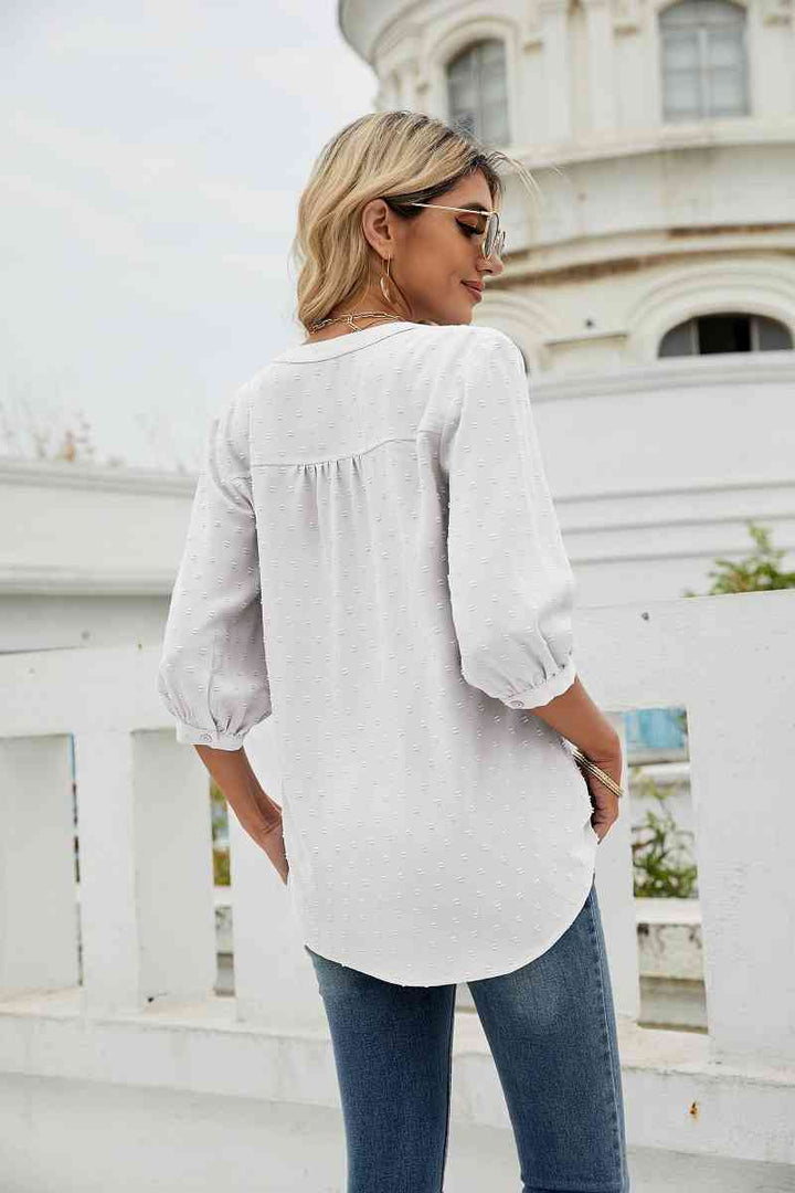 Swiss Dot Notched Neck Three-Quarter Sleeve Blouse | 1mrk.com