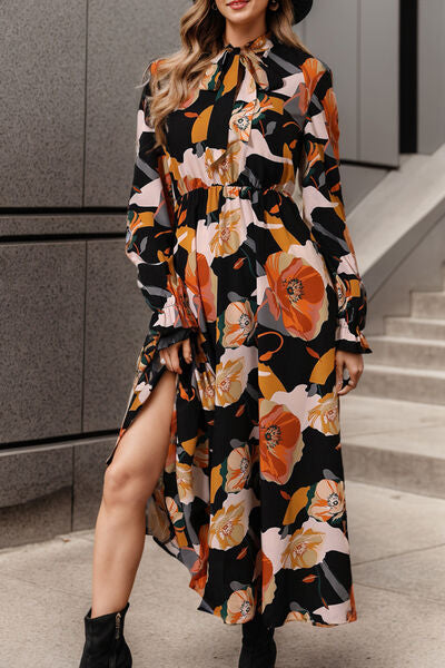 Printed Tie Neck Flounce Sleeve Dress |1mrk.com