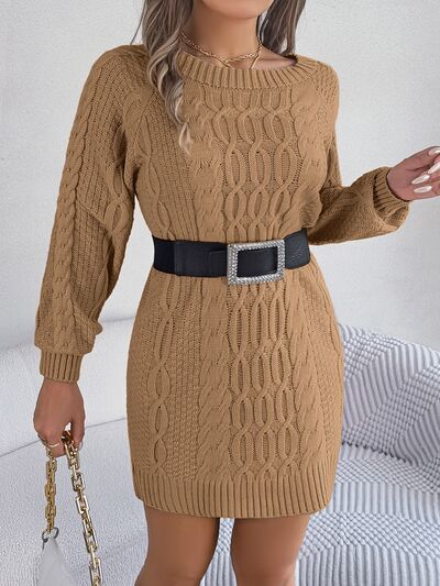 Cable-Knit Round Neck Sweater Dress |1mrk.com