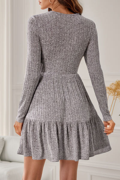 Round Neck Long Sleeve Ruffle Hem Dress |1mrk.com