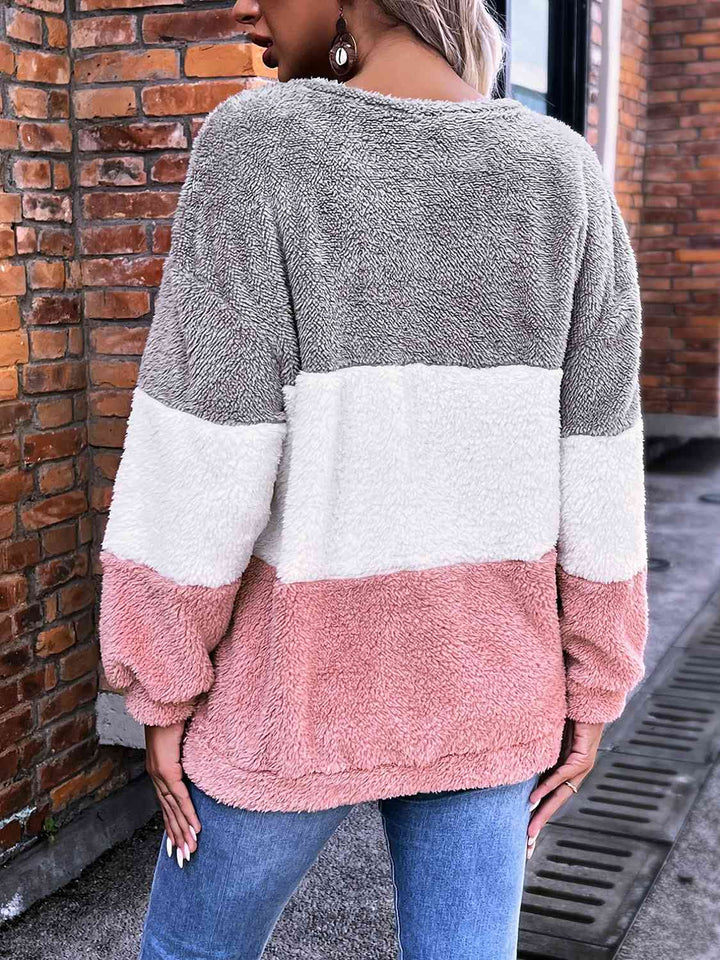 Color Block Round Neck Teddy Sweatshirt |1mrk.com