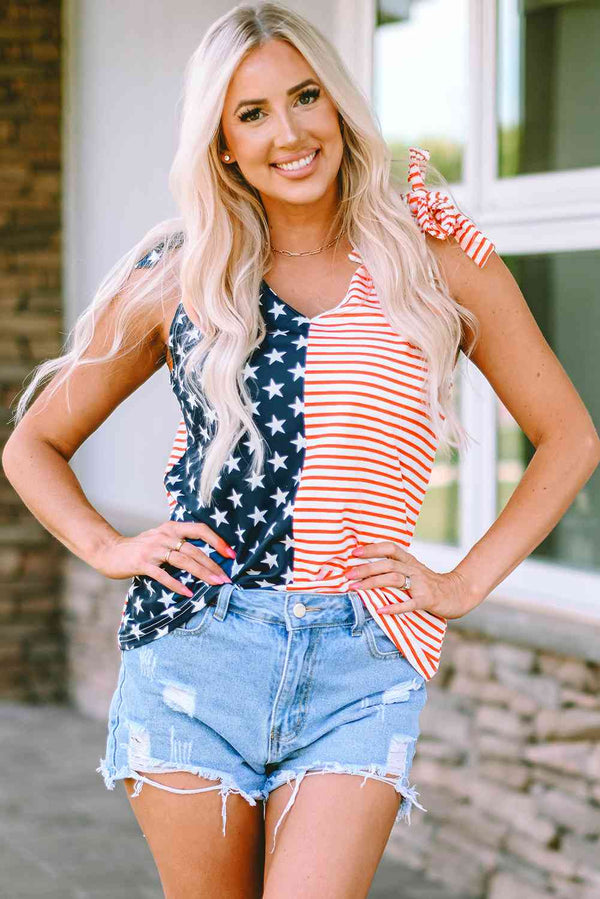 Star and Stripe V-Neck Bow Detail Tank | 1mrk.com