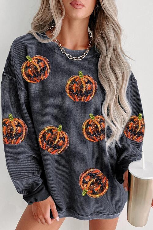 Sequin Patch Pumpkin Round Neck Sweatshirt |1mrk.com