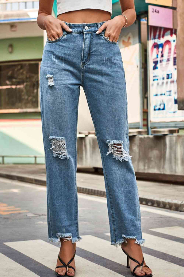 Distressed Buttoned Loose Fit Jeans | 1mrk.com