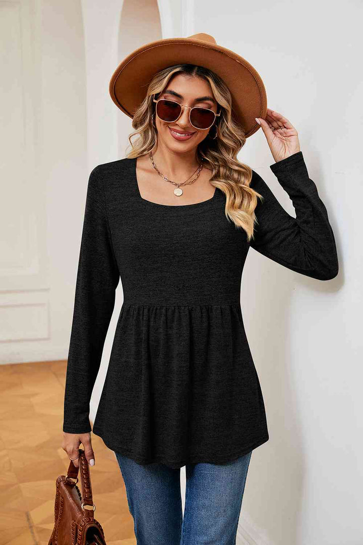 Square Neck Long Sleeve Peplum Top | 1mrk.com