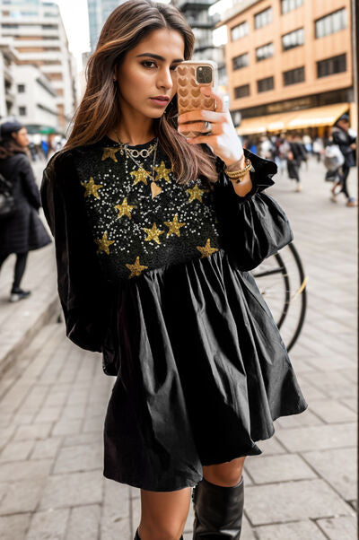 Star Sequin Round Neck Flounce Sleeve Mini Dress |1mrk.com