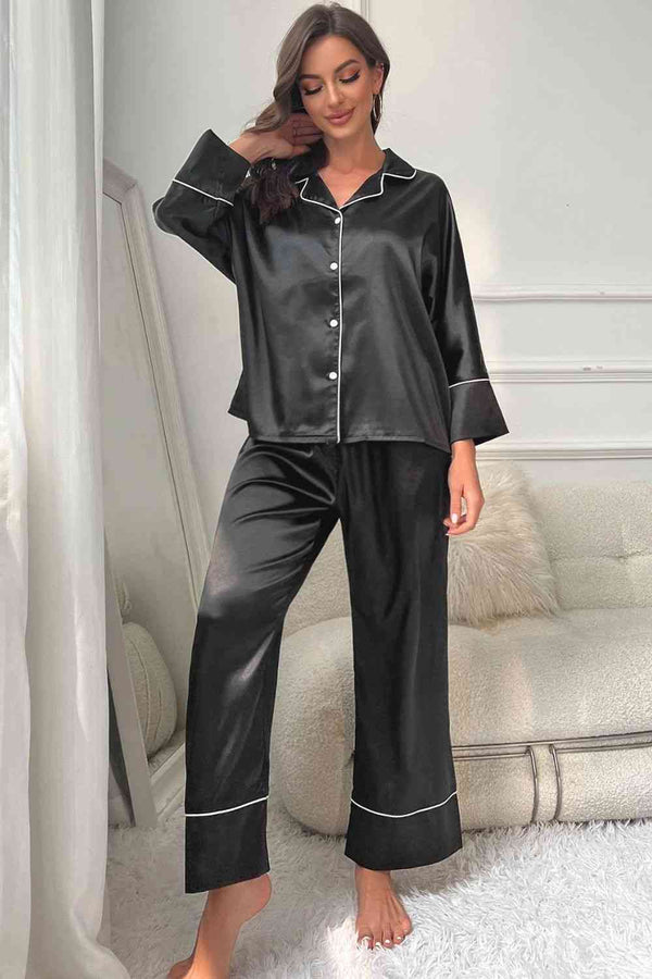Contrast Piping Button-Up Top and Pants Pajama Set | 1mrk.com
