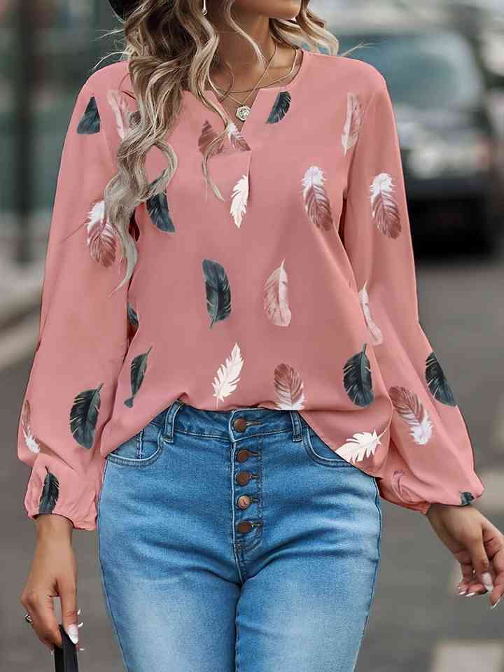 Printed Notched Neck Long Sleeve Blouse | 1mrk.com