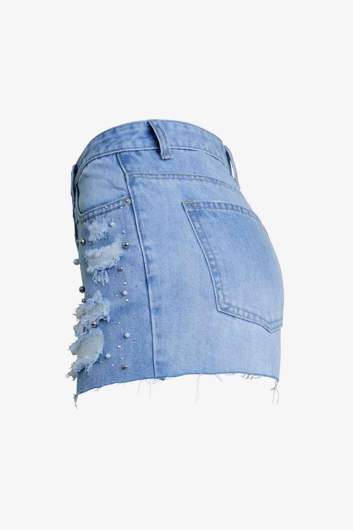 Full Size Distressed Bead Denim Shorts | 1mrk.com
